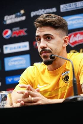 AEK s Andre Simoes pictured during a press conference PK Pressekonferenz of Greek soccer club AEK Athens F.C., Wednesday 16 August 2017 in Brugge. The team is preparing for tomorrow s game against Belgian team Club Brugge KSV, the first leg of the first playoff round for the UEFA Europa League competition. BRUNOxFAHY  x05148757x