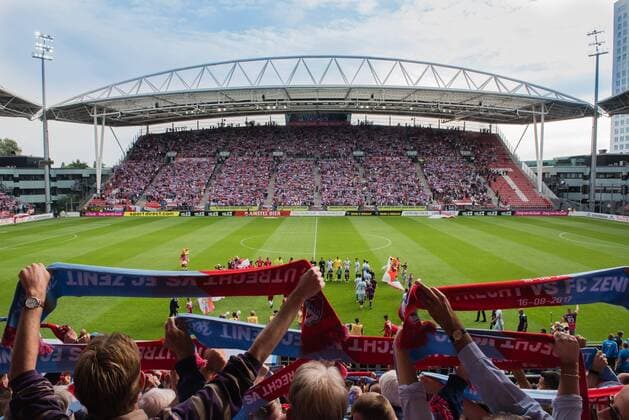 supporters of FC Utrecht during the UEFA Europa League fourth round qualifying first leg match between FC Utrecht and FK Zenit St Petersburg at the Nieuw Galgenwaard Stadium on August 16, 2017 in Utrecht, The Netherlands FC Utrecht v FK Zenit St Petersburg UEFA Europa League 2017 2018 xVIxVIxImagesx xGerritxvanxKeulenxIVx 8488676