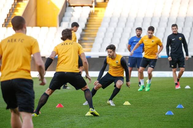 AEK s players pictured during a training session of Greek soccer club AEK Athens F.C., Wednesday 16 August 2017 in Brugge. The team is preparing for tomorrow s game against Belgian team Club Brugge KSV, the first leg of the first playoff round for the UEFA Europa League competition. BRUNOxFAHY  x05148777x