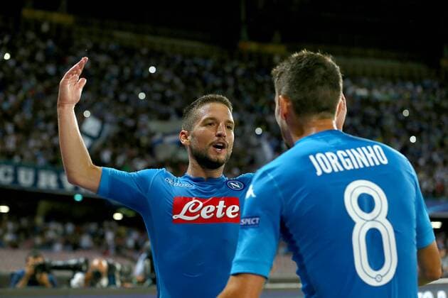 Esultanza dopo il gol di Dries Mertens Napoli goal celebration, Jorge Luiz Frello Jorginho Napoli Napoli 16-08-2017 Stadio San Paolo Napoli - Nice Uefa Champions League 2017 2018 Play Off Foto Cesare Purini Insidefoto cesarexpurini
