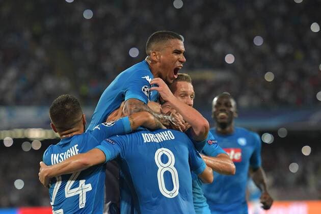 Esultanza Gol Jorginho Rigore. Goal Celebration after Penalty with Lorenzo Insigne, Allan Napoli 16-08-2017 Stadio San Paolo Napoli - Nice Uefa Champions League 2017 2018 Play Off Foto Andrea Staccioli Insidefoto andreaxstaccioli