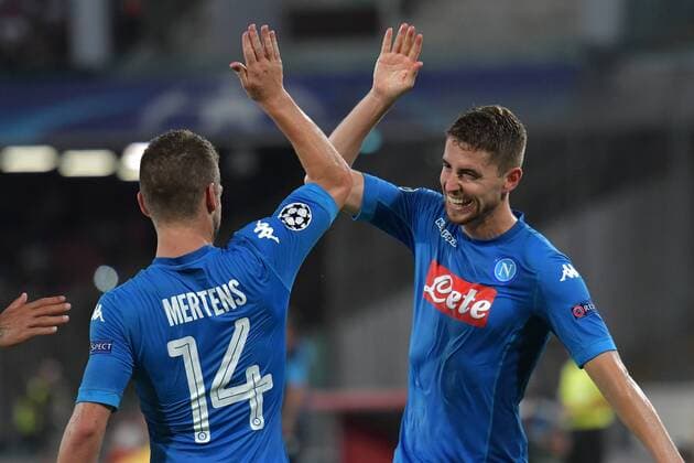 Esultanza Gol Jorginho Rigore. Goal Celebration after Penalty with Dries Mertens Napoli 16-08-2017 Stadio San Paolo Napoli - Nice Uefa Champions League 2017 2018 Play Off Foto Andrea Staccioli Insidefoto andreaxstaccioli