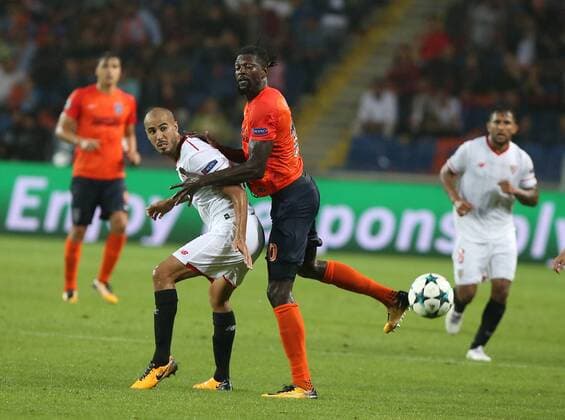 Emmanuel Adebayor of Basaksehir and Steven N Zonzi of Sevilla during the UEFA Champions League Play Off first leg football match Medipol Basaksehir vs FC Sevilla, on August 16 2017 at the Basaksehir Fatih Terim Stadium in Istanbul , Turkey. 