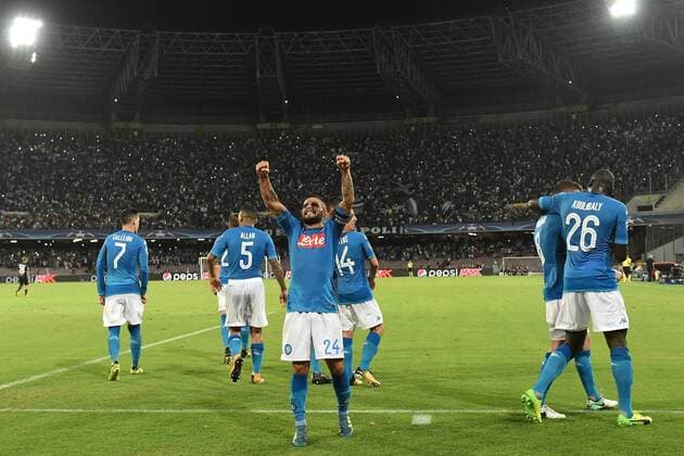 Esultanza di Lorenzo Insigne al Gol di Jorginho Rigore. Goal Celebration after Penalty with Dries Mertens Napoli 16-08-2017 Stadio San Paolo Napoli - Nice Uefa Champions League 2017 2018 Play Off Foto Andrea Staccioli Insidefoto andreaxstaccioli