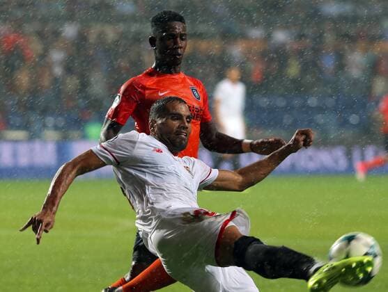 Eljero Elia of Basaksehir and Gabriel Mercado of Sevilla during the UEFA Champions League Play Off first leg football match Medipol Basaksehir vs FC Sevilla, on August 16 2017 at the Basaksehir Fatih Terim Stadium in Istanbul , Turkey. 