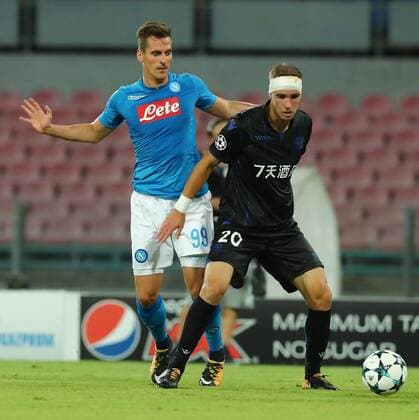 Arkadiusz Milik Napoli e Maxime Le Marchand Nizza Napoli 16-08-2017 Stadio San Paolo Napoli - Nice Uefa Champions League 2017 2018 Play Off Foto Cesare Purini Insidefoto cesarexpurini