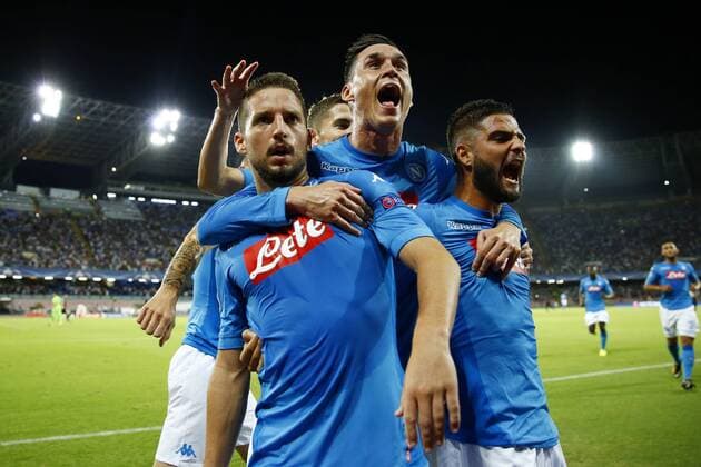 August 16, 2017 - Naples, Campania, Italy - Dries Mertens with Jose Maria Callejon and Lorenzo Insigne of Napoli celebrating after the goal of 1-0 during the UEFA Champions League Play Off first leg football match SSC Napoli vs OCG Nice, on August 16 2017 at the San Paolo Stadium. SSC Napoli v OGC Nice - UEFA Champions League Qualifying Play-Offs Round: First Leg  - ZUMAn230 20170816_zaa_n230_072 Copyright: xMatteoxCiambellix