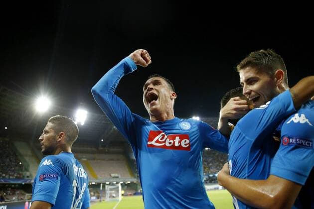 August 16, 2017 - Naples, Campania, Italy - Dries Mertens with Jose Maria Callejon and Lorenzo Insigne of Napoli celebrating after the goal of 1-0 during the UEFA Champions League Play Off first leg football match SSC Napoli vs OCG Nice, on August 16 2017 at the San Paolo Stadium. SSC Napoli v OGC Nice - UEFA Champions League Qualifying Play-Offs Round: First Leg  - ZUMAn230 20170816_zaa_n230_078 Copyright: xMatteoxCiambellix