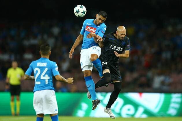 August 16, 2017 - Naples, Campania, Italy - Faouzi Ghoulam of Napoli and Cristophe Jallet of Nice during the UEFA Champions League Play Off first leg football match SSC Napoli vs OCG Nice, on August 16 2017 at the San Paolo Stadium. SSC Napoli v OGC Nice - UEFA Champions League Qualifying Play-Offs Round: First Leg  - ZUMAn230 20170816_zaa_n230_081 Copyright: xMatteoxCiambellix