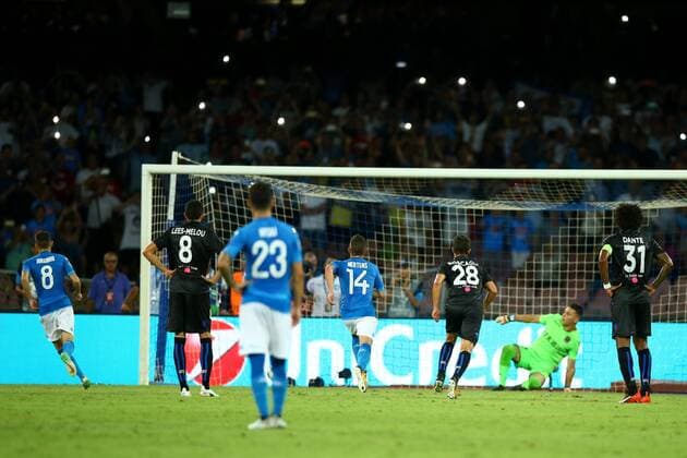 August 16, 2017 - Naples, Campania, Italy - Jorginho of Napoli scoring the penalty of 2-0 during the UEFA Champions League Play Off first leg football match SSC Napoli vs OCG Nice, on August 16 2017 at the San Paolo Stadium. SSC Napoli v OGC Nice - UEFA Champions League Qualifying Play-Offs Round: First Leg  - ZUMAn230 20170816_zaa_n230_088 Copyright: xMatteoxCiambellix
