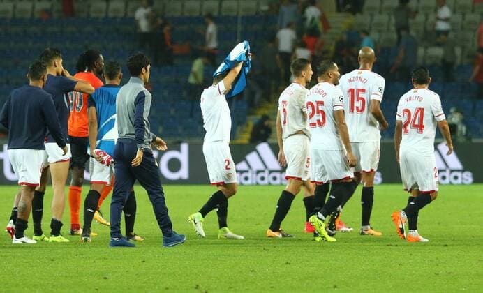 Sevilla players celebrates end of the UEFA Champions League Play Off first leg football match Medipol Basaksehir vs FC Sevilla, on August 16 2017 at the Basaksehir Fatih Terim Stadium in Istanbul , Turkey. 