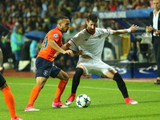 Kerim Frei of Basaksehir and Sergio Escudero of Sevilla during the UEFA Champions League Play Off first leg football match Medipol Basaksehir vs FC Sevilla, on August 16 2017 at the Basaksehir Fatih Terim Stadium in Istanbul , Turkey. 