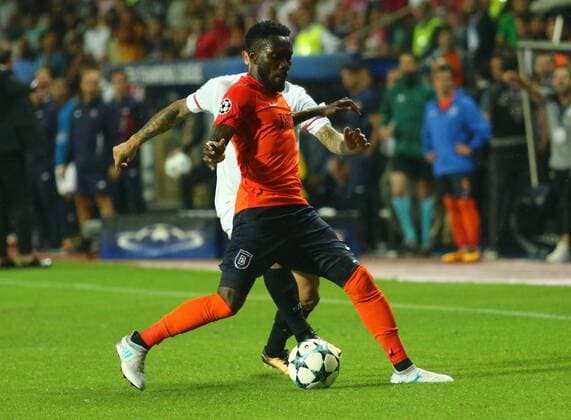 Joseph Attamah of Basaksehir and Ever Banega of Sevilla during the UEFA Champions League Play Off first leg football match Medipol Basaksehir vs FC Sevilla, on August 16 2017 at the Basaksehir Fatih Terim Stadium in Istanbul , Turkey. 