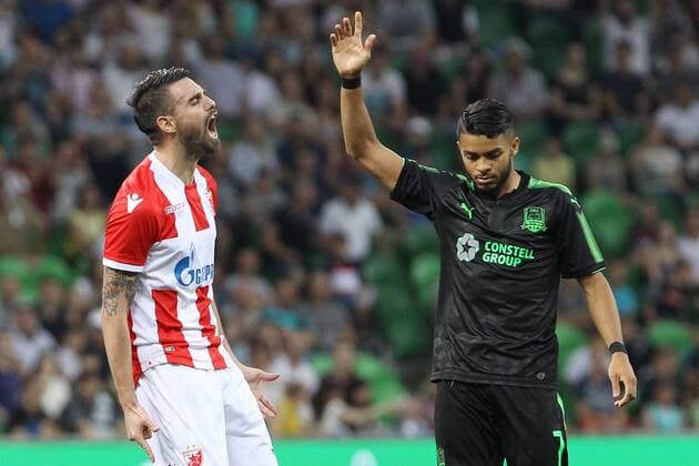 KRASNODAR, RUSSIA - AUGUST 17, 2017: Crvena Zvezda Belgrade s Damien Le Tallec (L) and FC Krasnodarâ€™s Wanderson in their 2017 2018 UEFA Europa League Playoff 1st Leg football match at Krasnodar Stadium. Vitaly Timkiv TASS  TS05BC56