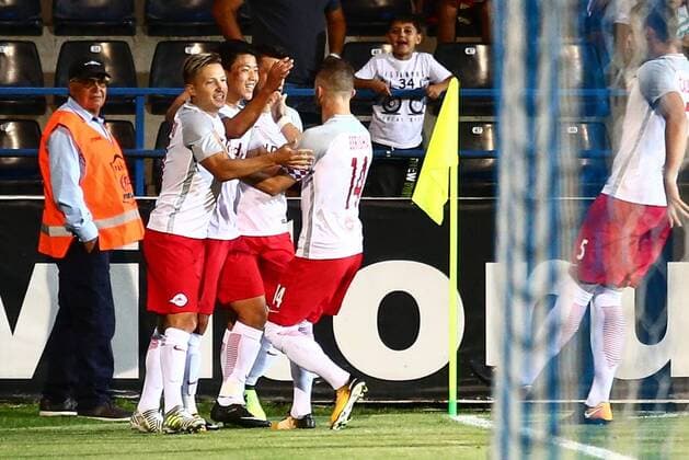 SOCCER - EL quali, Viitorul vs RBS CONSTANTA,ROMANIA,17.AUG.17 - SOCCER - UEFA Europa League qualification, Viitorul Constanta vs Red Bull Salzburg. Image shows the rejoicing of RBS. GEPAxpictures xFelixxRoittner
