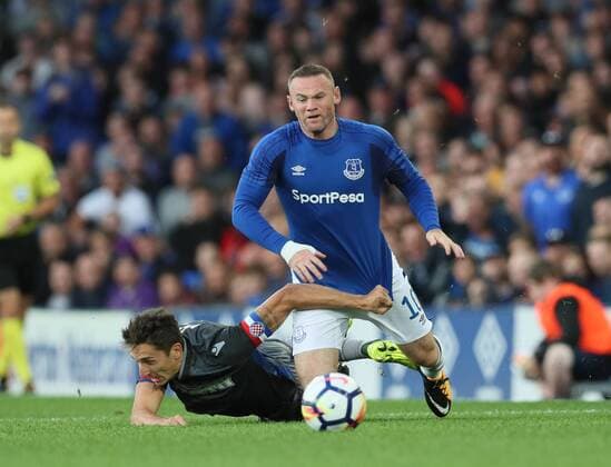 Wayne Rooney of Everton brought down by Zoran Nizic of Hajduk Split during the Europa League Qualifying Play Offs 1st Leg match at Goodison Park Stadium, Liverpool. Picture date: August 17th 2017. Picture credit should read: David Klein Sportimage EDITORIAL USE ONLY. No use with unauthorised audio, video, data, fixture lists, club league logos or live services. Online in-match use limited to 120 images, no video emulation. No use in betting, games or single club league player publications.