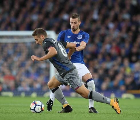 Morgan Schneiderlin of Everton tackles Nikola Vlasic of Hajduk Split during the Europa League Qualifying Play Offs 1st Leg match at Goodison Park Stadium, Liverpool. Picture date: August 17th 2017. Picture credit should read: David Klein Sportimage EDITORIAL USE ONLY. No use with unauthorised audio, video, data, fixture lists, club league logos or live services. Online in-match use limited to 120 images, no video emulation. No use in betting, games or single club league player publications.