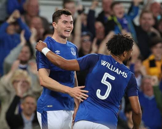 Michael Keane of Everton celebrates scoring the first goal during the Europa League Qualifying Play Offs 1st Leg match at Goodison Park Stadium, Liverpool. Picture date: August 17th 2017. Picture credit should read: David Klein Sportimage EDITORIAL USE ONLY. No use with unauthorised audio, video, data, fixture lists, club league logos or live services. Online in-match use limited to 120 images, no video emulation. No use in betting, games or single club league player publications.