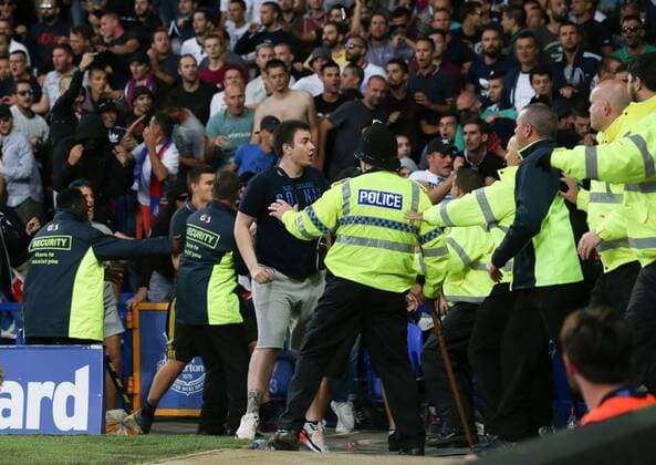 Police try to contain the Hajduk Split fans during the Europa League Qualifying Play Offs 1st Leg match at Goodison Park Stadium, Liverpool. Picture date: August 17th 2017. Picture credit should read: David Klein Sportimage EDITORIAL USE ONLY. No use with unauthorised audio, video, data, fixture lists, club league logos or live services. Online in-match use limited to 120 images, no video emulation. No use in betting, games or single club league player publications.