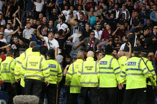 Police try to contain the Hajduk Split fans during the Europa League Qualifying Play Offs 1st Leg match at Goodison Park Stadium, Liverpool. Picture date: August 17th 2017. Picture credit should read: David Klein Sportimage EDITORIAL USE ONLY. No use with unauthorised audio, video, data, fixture lists, club league logos or live services. Online in-match use limited to 120 images, no video emulation. No use in betting, games or single club league player publications.
