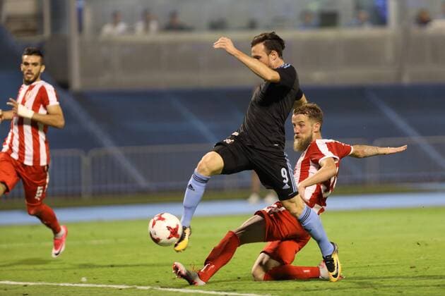 Zagreb, 17.8.2017. - Stadion Maksimir, Play-offs, 1st leg. GNK Dinamo (blue) - Skenderbeu (rw) 1:1 Angelo Henriquez (9) vs Marko Radas (33)