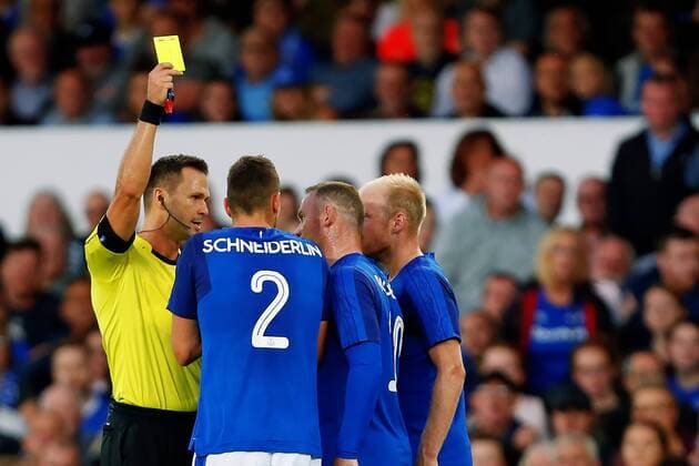 August 17th 2017, Goodison Park, Liverpool, England; UEFA Europa League Playoff, first leg; Everton versus Hajduk Split; Morgan Schneiderlin of Everton is cautioned and shown the yellow card by Referee Ivan Kruzliak (SVK) xPaulxKeevilx  ActionPlus11917598