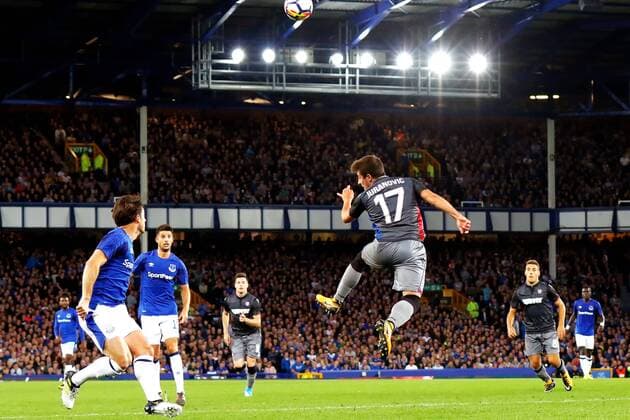 August 17th 2017, Goodison Park, Liverpool, England; UEFA Europa League Playoff, first leg; Everton versus Hajduk Split; Josip Juranovic of Hajuk Split jumps for the ball in the air xPaulxKeevilx  ActionPlus11917607