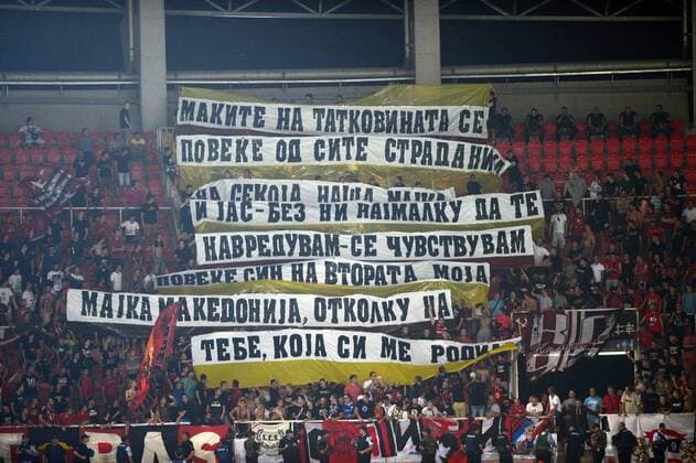 Fans of Vardar during the UEFA Europa League Play off firt leg match between FK Vardar Skopje and Fenerbahce at Nacionalna Arena Filip II Makedonski Stadium in Skopje , Makedonia on August 17 , 2017. Final Scores : Vardar Skopje 2 - Fenerbahce 0 