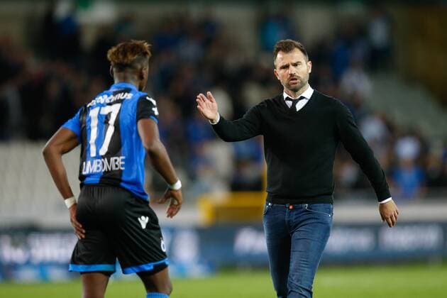 Club s Anthony Limbombe and Club Brugge s head coach Ivan Leko pictured after a soccer game between Belgian team Club Brugge KSV and Greek club AEK Athens F.C., the first leg of the first playoff round for the UEFA Europa League competition, Thursday 17 August 2017 in Brugge. BRUNOxFAHY  x05149208x
