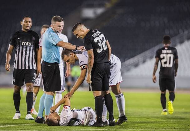 August 17th 2017, Partizan Stadium, Belgrade, Serbia; UEFA Europa League Playoff, first leg; Partizan versus Videoton; Uros Djurdjevic of Partizan with some unkind words for the downed player from Videoton xNikolaxKrsticx  ActionPlus11917657