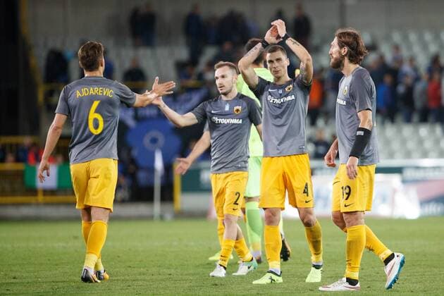AEK s players pictured after a soccer game between Belgian team Club Brugge KSV and Greek club AEK Athens F.C., the first leg of the first playoff round for the UEFA Europa League competition, Thursday 17 August 2017 in Brugge. KURTxDESPLENTER  x05149232x