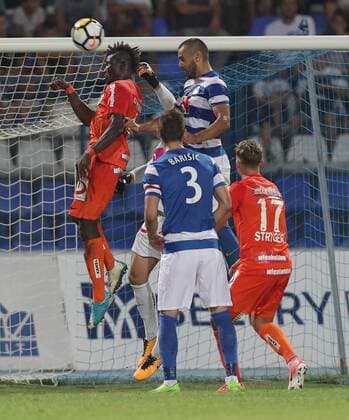 SOCCER - EL quali, Osijek vs A.Wien OSIJEK,CROATIA,17.AUG.17 - SOCCER - UEFA Europa League qualification, NK Osijek vs FK Austria Wien. Image shows Borna Barisic (Osijek), Jens Stryger Larsen (A.Wien), Muzafer Ejupi (Osijek), Abdul Kadiri Mohammed (A.Wien) and Osman Hadzikic (A.Wien). GEPAxpictures xChristianxOrt