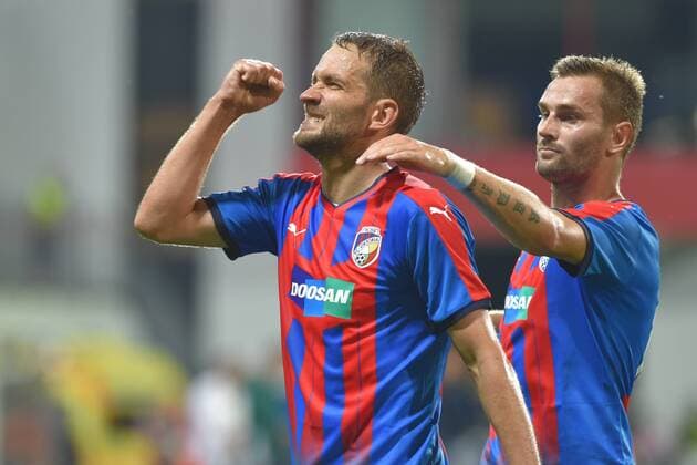 Marek Bakos (Pilsen, left) celebrates his goal during the 4th round of the play-off UEFA Europa League soccer match FC Viktoria Plzen vs AEK Larnaka in Pilsen, Czech Republic, on August 17, 2017. (CTKxPhoto SlavomirxKubes) CTKPhotoP201708170949401  KBS_0103