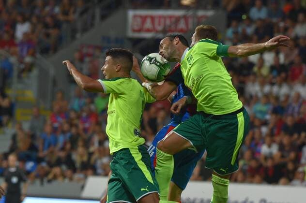L-R Joan Truyols (Larnaca), David Catala (Larnaca) and Radim Reznik (Plzen, blue dress) in action during the 4th round of the play-off UEFA Europa League soccer match FC Viktoria Plzen vs AEK Larnaka in Pilsen, Czech Republic, on August 17, 2017. (CTKxPhoto SlavomirxKubes) CTKPhotoP201708170951801  KBS_0108