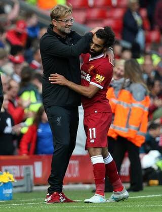 19th August 2017, Anfield, Liverpool, England; EPL Premier League football, Liverpool versus Crystal Palace; Jurgen Klopp, Liverpool manager expresses his delight with substitute Mohammed Salah xDavidxBlunsdenx  ActionPlus11918748