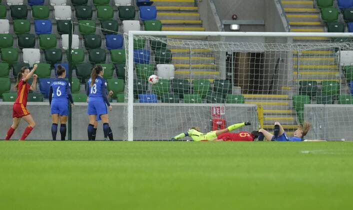20th August 2017, Windsor Park, Belfast, Northern Ireland; Womens U19s European Championship EM Europameisterschaft Final; Spain versus France; Patricia Guijarro of Spain is on the ground after scoring her sides equalising goal which made it 1-1 xNigelxCookex  ActionPlus11919247