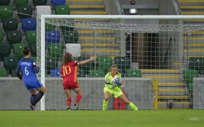 20th August 2017, Windsor Park, Belfast, Northern Ireland; Womens U19s European Championship EM Europameisterschaft Final; Spain versus France; Mate Oroz of Spain has a great chance to put her side in front but it is saved by Mylene Chavas of France xNigelxCookex  ActionPlus11919250
