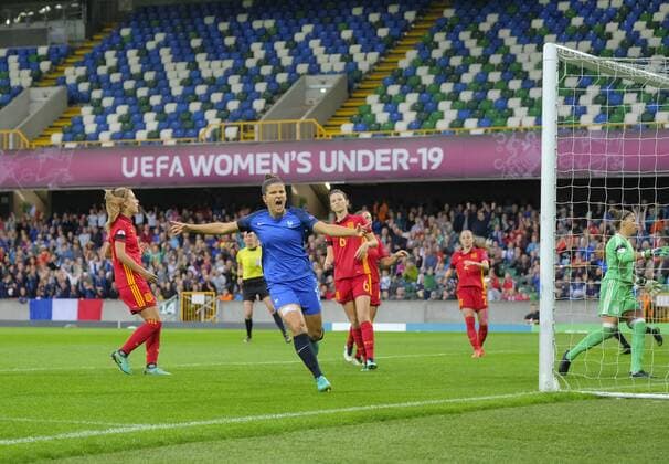 20th August 2017, Windsor Park, Belfast, Northern Ireland; Womens U19s European Championship EM Europameisterschaft Final; Spain versus France; Mathilde Bourdieu of France celebrates her goal which made it 1-0 in the third minute xNigelxCookex  ActionPlus11919252
