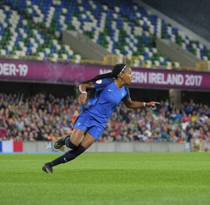 20th August 2017, Windsor Park, Belfast, Northern Ireland; Womens U19s European Championship EM Europameisterschaft Final; Spain versus France; Emelyne Laurent of France wheels away in celebration after scoring her sides second goal as they leader 2-1 xNigelxCookex  ActionPlus11919302