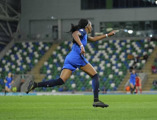 20th August 2017, Windsor Park, Belfast, Northern Ireland; Womens U19s European Championship EM Europameisterschaft Final; Spain versus France; Emelyne Laurent of France wheels away in celebration after scoring her sides second goal as they leader 2-1 xNigelxCookex  ActionPlus11919304