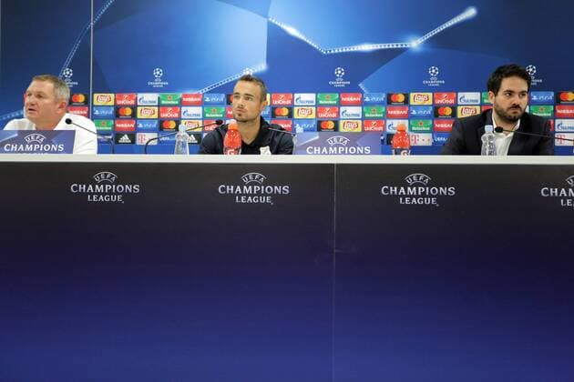 UEFA Champions League Play-offs - 2nd leg - HNK Rijeka press conference PK Pressekonferenz 21.08.2017., Rijeka, Croatia - Rijeka s coach Matjaz Kek and player Zoran Kvrzic during a press conference about the second leg of Champions League s qualifer match between HNK Rijeka and Olympiacos F.C. in Rijeka, Croatia, 21 August 2017.  NelxPavletic PIXSELL