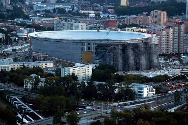 YEKATERINBURG, RUSSIA - AUGUST 19, 2017: A view of Yekaterinburg Central Stadium (Yekaterinburg Arena) that is currently under renovation. The stadium will host 2018 FIFA World Cup WM Weltmeisterschaft Fussball matches. Sergei Fadeichev TASS  TS05C152