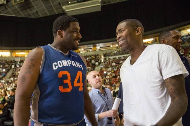 Mike Sweetney 34 of 3 s Company speaks with Jamal Crawford during week nine of the BIG3 three-on-three basketball league at KeyArena on August 20, 2017 in Seattle, Washington.  Copyright: xSuzixPrattx