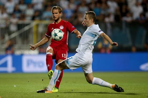 PXL_UEFA Champions League play-off, 2nd leg, HNK Rijeka v- FC Olympiacos 22.08.2017., HNK Rijeka Stadium, Rijeka, Croatia - UEFA Champions League play-off, 2nd leg, HNK Rijeka v- FC Olympiacos. Guillaume Gillet, Filip Bradaric.  IgorxKralj PIXSELL