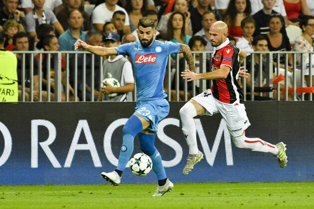 Fußball, CL Quali, OGC Nizza - SSC Neapel Elseid Hysaj (Naples) - Christophe Jallet (OGC Nice) FOOTBALL : Nice vs Naples - Ligue des Champions - Barrage Match Retour - Nice - 22 08 2017 NorbertScanella Panoramic 