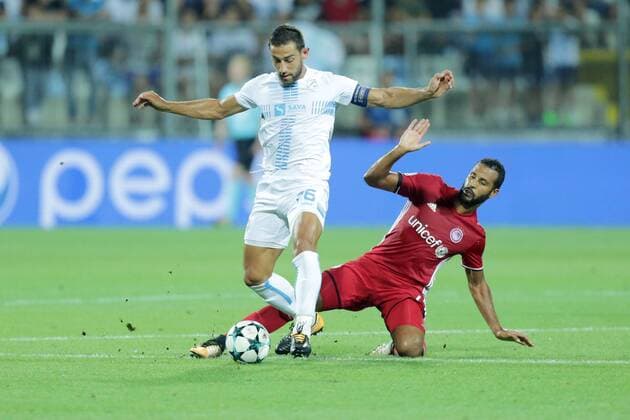 PXL_UEFA Champions League play-off, 2nd leg, HNK Rijeka v- FC Olympiacos 22.08.2017., HNK Rijeka Stadium, Rijeka, Croatia - UEFA Champions League play-off, 2nd leg, HNK Rijeka - FC Olympiacos. Mate Males, Alaixys Romao.  NelxPavletic PIXSELL