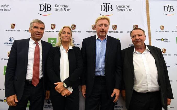 23.08.2017, xjhx, Tennis, Pressekonferenz mit Boris Becker und Barbara Rittner, emspor, v.l. Ulrich Klaus (Praesident DTB), Barbara Rittner (Head of Womans Tennis DTB), Boris Becker (Head of Mens Tennis DTB), Dirk Hordoff (Vizepraesident DTB) Frankfurt am Main