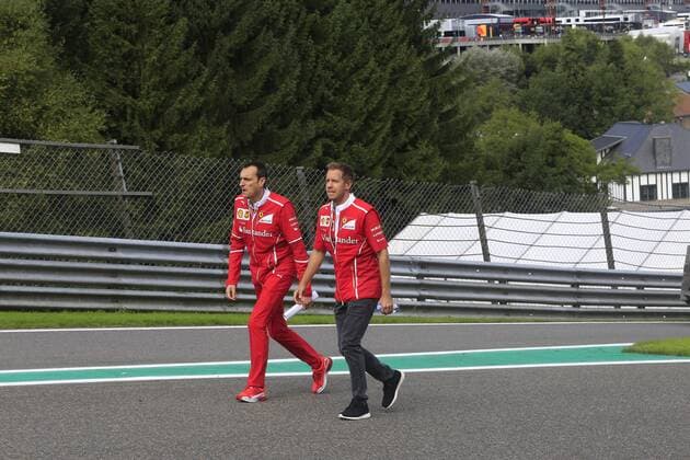 24.08.2017 - Riccardo Adami (ITA) Ferrari Race Engineer and Sebastian Vettel (GER) Scuderia Ferrari SF70H Belgian Grand Prix, Spa-Francorchamps 24 - 27 August 2017 24.08.2017 - Riccardo Adami (ITA) Ferrari Race Engineer and Sebastian Vettel (GER) Scuderia Ferrari SF70H 