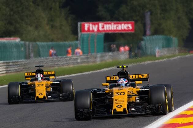 25th August 2017, Circuit de Spa-Francorchamps, Belgium; Belgium Grand Prix, Friday Practice; Jolyon PALMER from Great Britain, Renault F1 Team, Renault R.S. 17, Renault RE17 engine and his mate Nico HUELKENBERG from Germany of Renault Sport F1 Team, Renault R.S. 17, Renault RE17 engine in Kemmel straight during the FP1 xEricxAlonsox  ActionPlus11920265