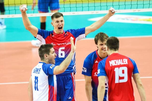 August 25, 2017 - Szczecin, Poland - Michael Finger (CZE), Martin Krystof (CZE), Petr Michalek (CZE) radosc during Volleyball European Championships Poland 2017 match Czech Republic and Slovakia on 25 August 2017 in Szczecin, Poland. Czech Republic v Slovakia - Volleyball European Championships  - ZUMAn230 20170825_zaa_n230_344 Copyright: xFotoxOlimpikx